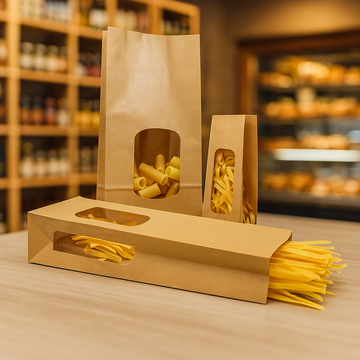 Sacchetto di carta, color avana, con tre finestre, mostrato in piedi e steso, ripieno di varie tipologie di pasta, sul tavolo di un panificio